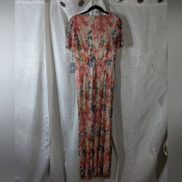 Adrianna Papell $229 Metallic Floral Print Pleated Twist V Neck Flutter Sleeve - Picture 11 of 13